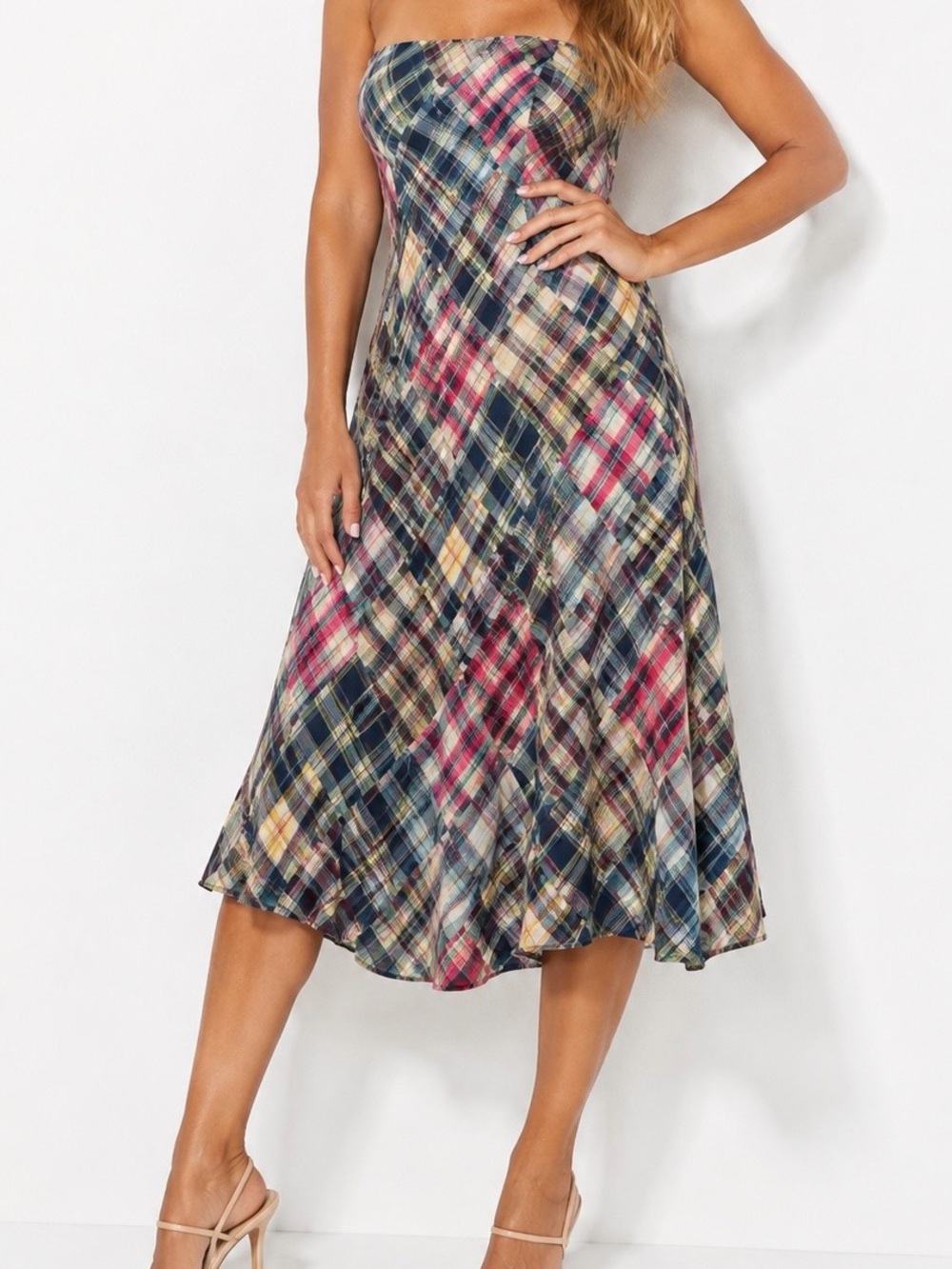 Strapless Madras Plaid Patchwork Dress 100% Cotton Coastal Preppy